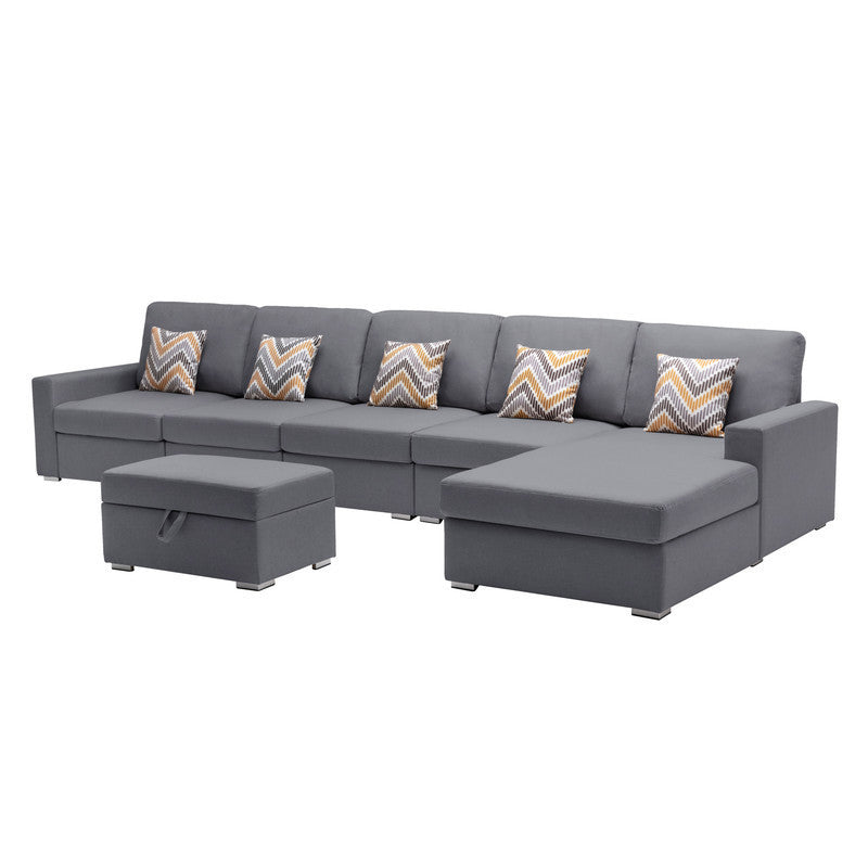 Nolan Gray Linen Fabric 6Pc Reversible Sectional Sofa Chaise with Interchangeable Legs, Pillows and Storage Ottoman - Home Elegance USA