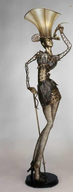 Artmax 8395-FLF Sculptural Floor Lamp – Bronze & Gold Female Figure with Hat-Style Glass Shade
