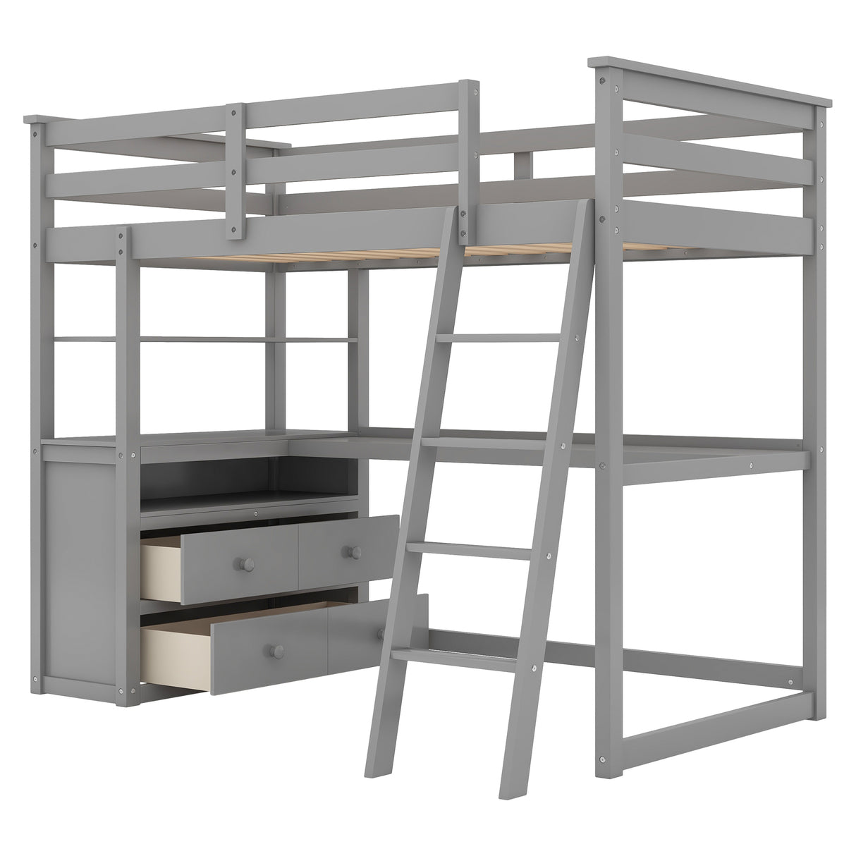 Twin Size Loft Bed with Desk and Shelves,Two Built-in Drawers,Gray(OLD SKU:GX000803AAE) - Home Elegance USA