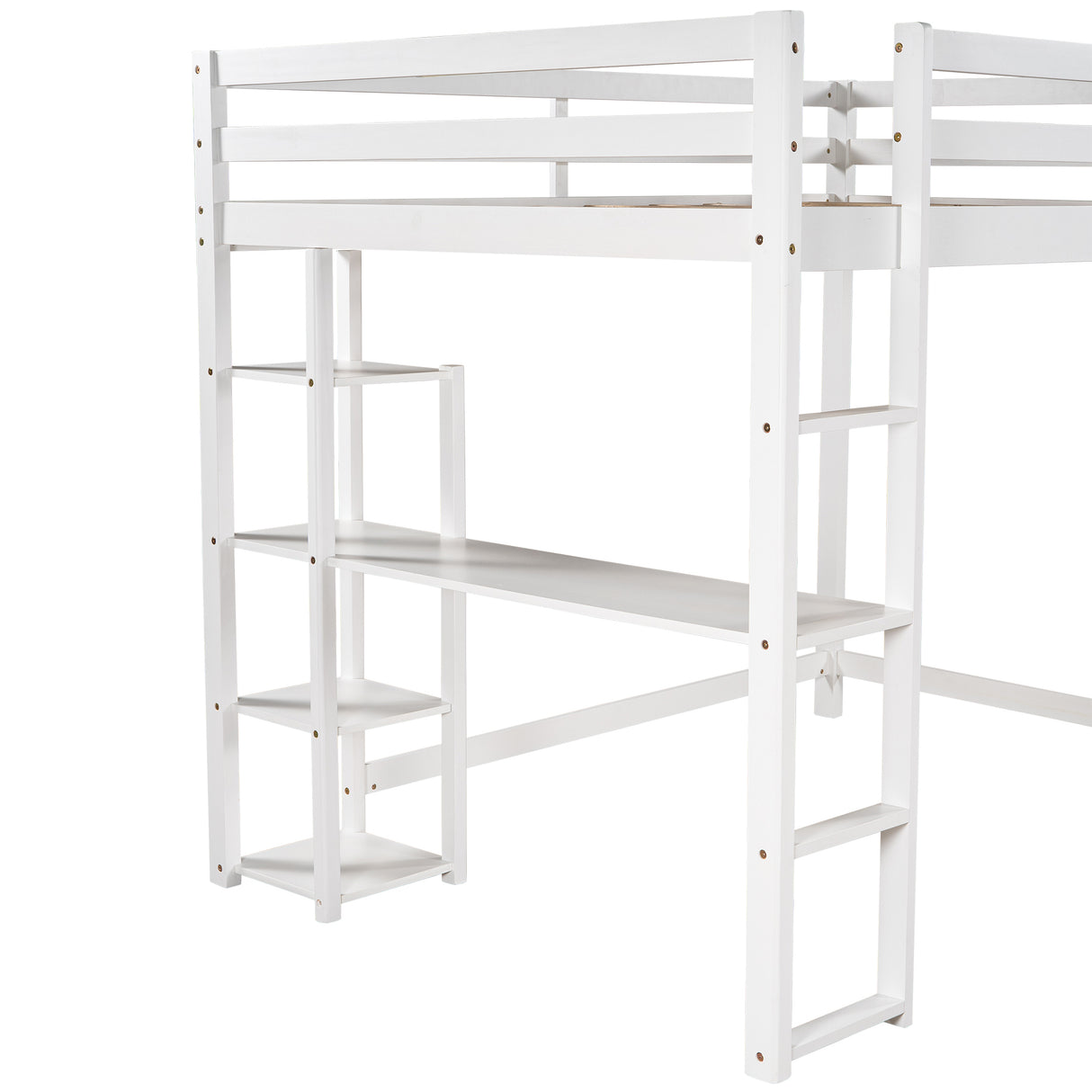 Full Size Loft Bed with Built-in Desk and Shelves,White - Home Elegance USA