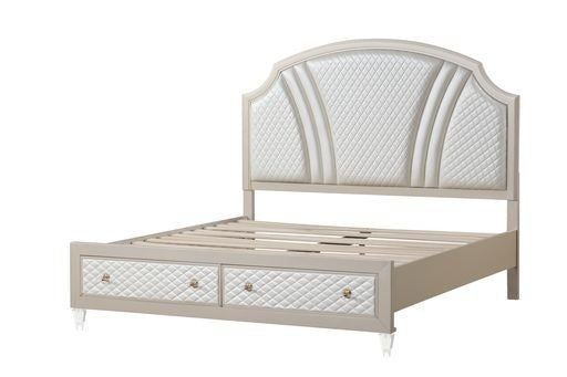 Tiffany Queen Size Storage Bed made with Wood in Ivory & Champagne Gold - Home Elegance USA