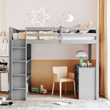 Full Size Loft Bed with Ladder, Shelves, and Desk, Gray - Home Elegance USA