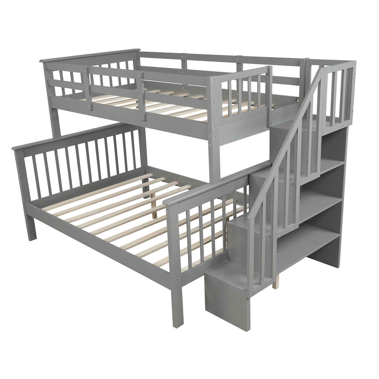 Stairway Twin-Over-Full Bunk Bed with Storage and Guard Rail for Bedroom, Dorm, fo Adults, Gray color - Home Elegance USA