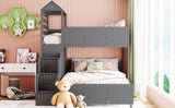 Stairway Twin Over Full Bunk Bed, House Bed with Two Shelves and Seven Drawers,Gray - Home Elegance USA