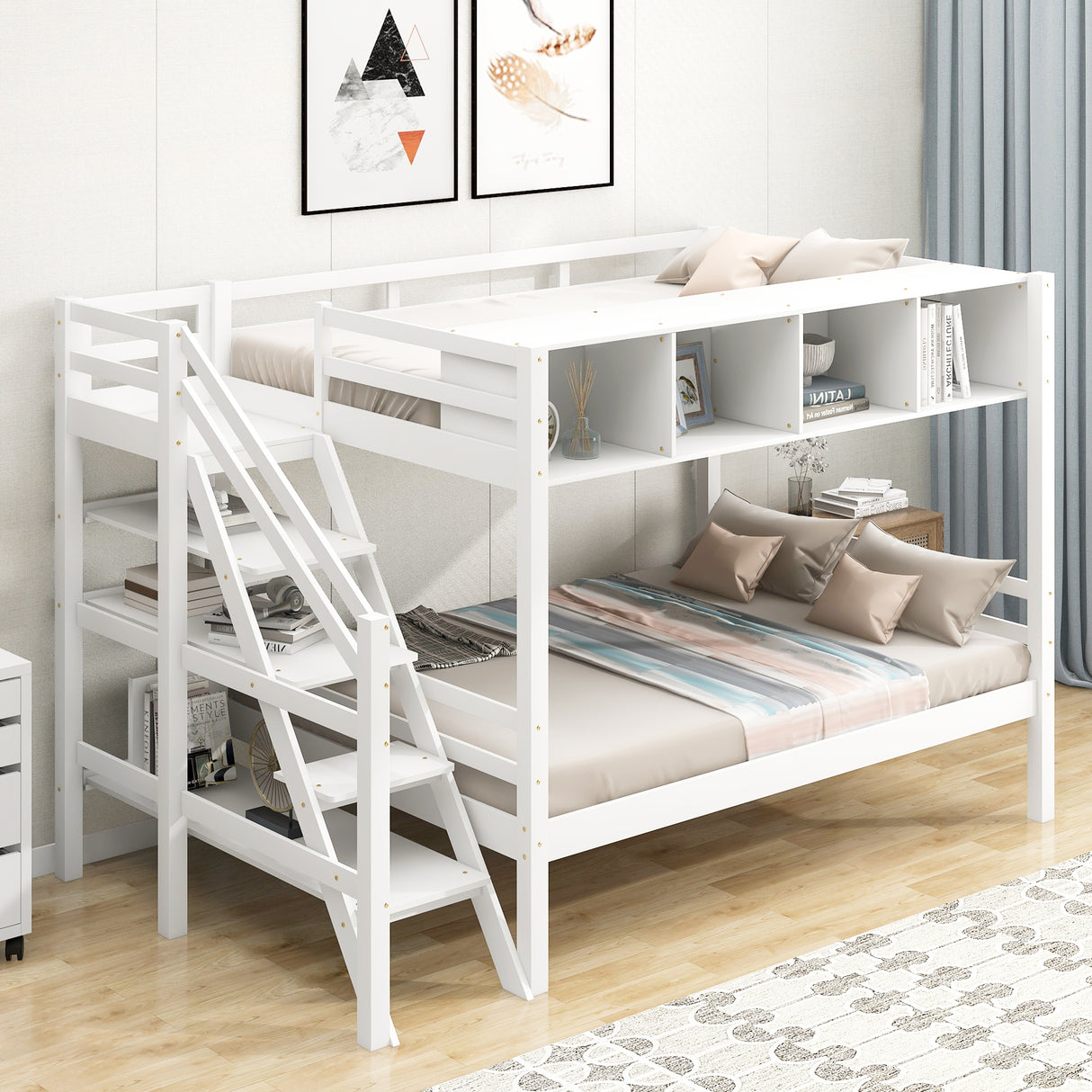 Twin over Full Bunk Bed with Staircase and Built-in Storage Cabinets,White - Home Elegance USA