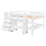 Full Size Low Loft Bed with Rolling Portable Desk, Drawers and Shelves,  White - Home Elegance USA