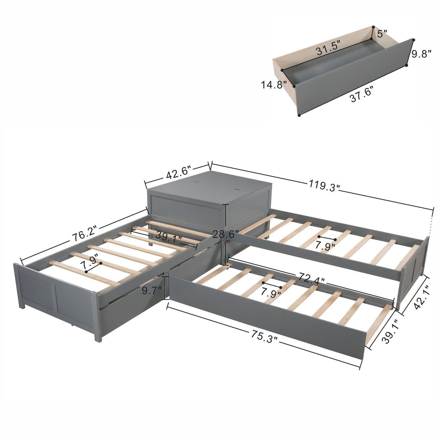 L-shaped Platform Bed with Trundle and Drawers Linked with built-in Flip Square Table,Twin,Gray - Home Elegance USA