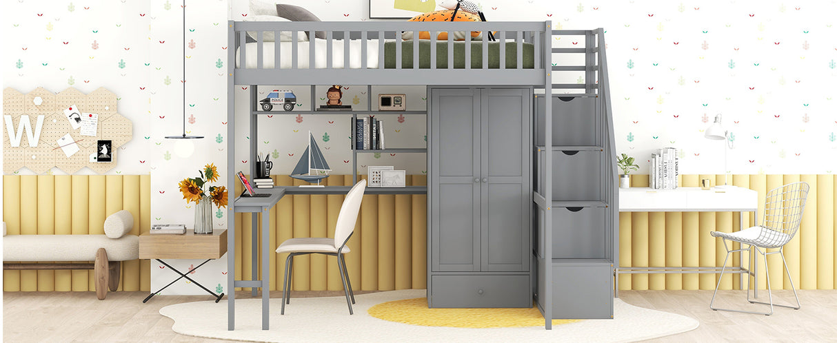 Full size Loft Bed with Bookshelf,Drawers,Desk,and Wardrobe-Gray - Home Elegance USA