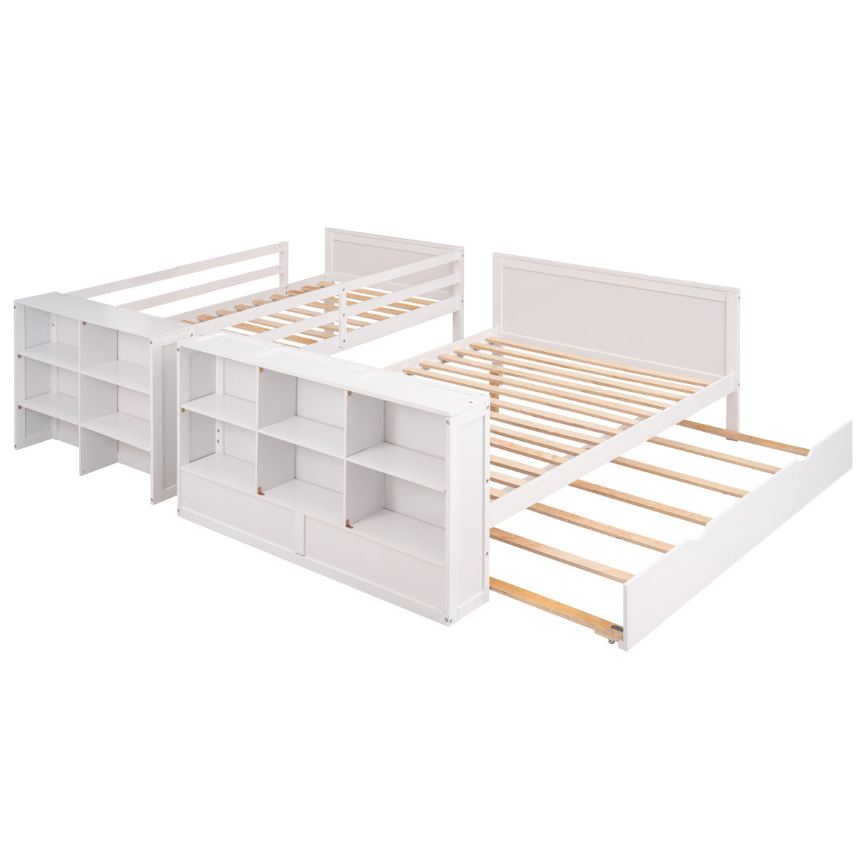 Twin over Full Bunk Bed with Trundle and Shelves, can be Separated into Three Separate Platform Beds, White - Home Elegance USA