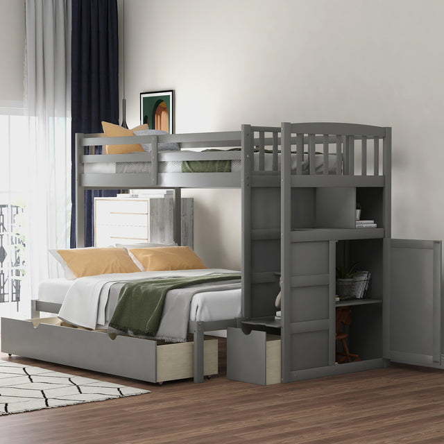 Twin over Full/Twin Bunk Bed, Convertible Bottom Bed, Storage Shelves and Drawers, Gray - Home Elegance USA