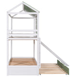 Twin over Twin Size House Bunk Bed with Convertible Slide and Trundle, White+Green - Home Elegance USA