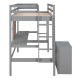 Twin size Loft Bed with Desk and Writing Board, Wooden Loft Bed with Desk & 2 Drawers Cabinet- Gray - Home Elegance USA