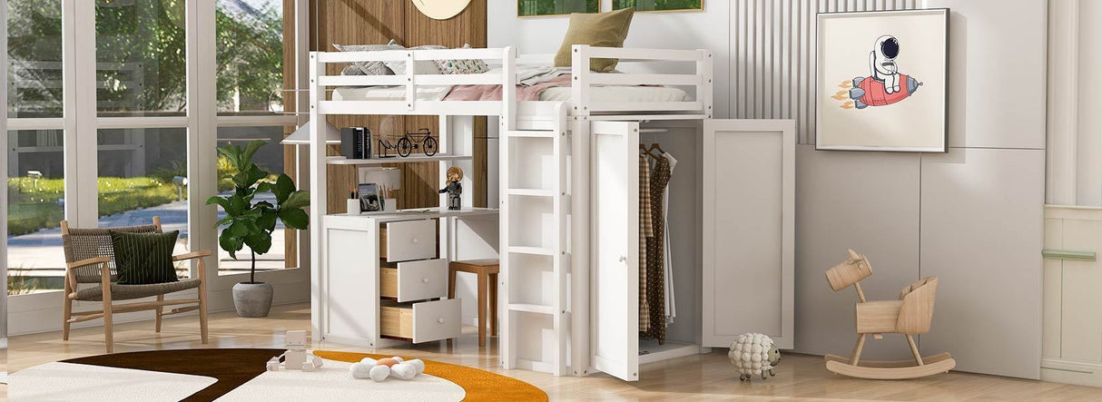 Twin size Loft Bed with Drawers,Desk,and Wardrobe-White - Home Elegance USA