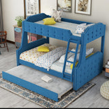 Twin over Full Upholstered Bunk Bed with Trundle and Ladder,Tufted Button Design,Blue - Home Elegance USA