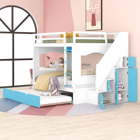 Full Over Full Bunk Bed with Trundle ,Stairs,Ladders Solid Wood Bunk bed with Storage Cabinet （White + Blue） - Home Elegance USA