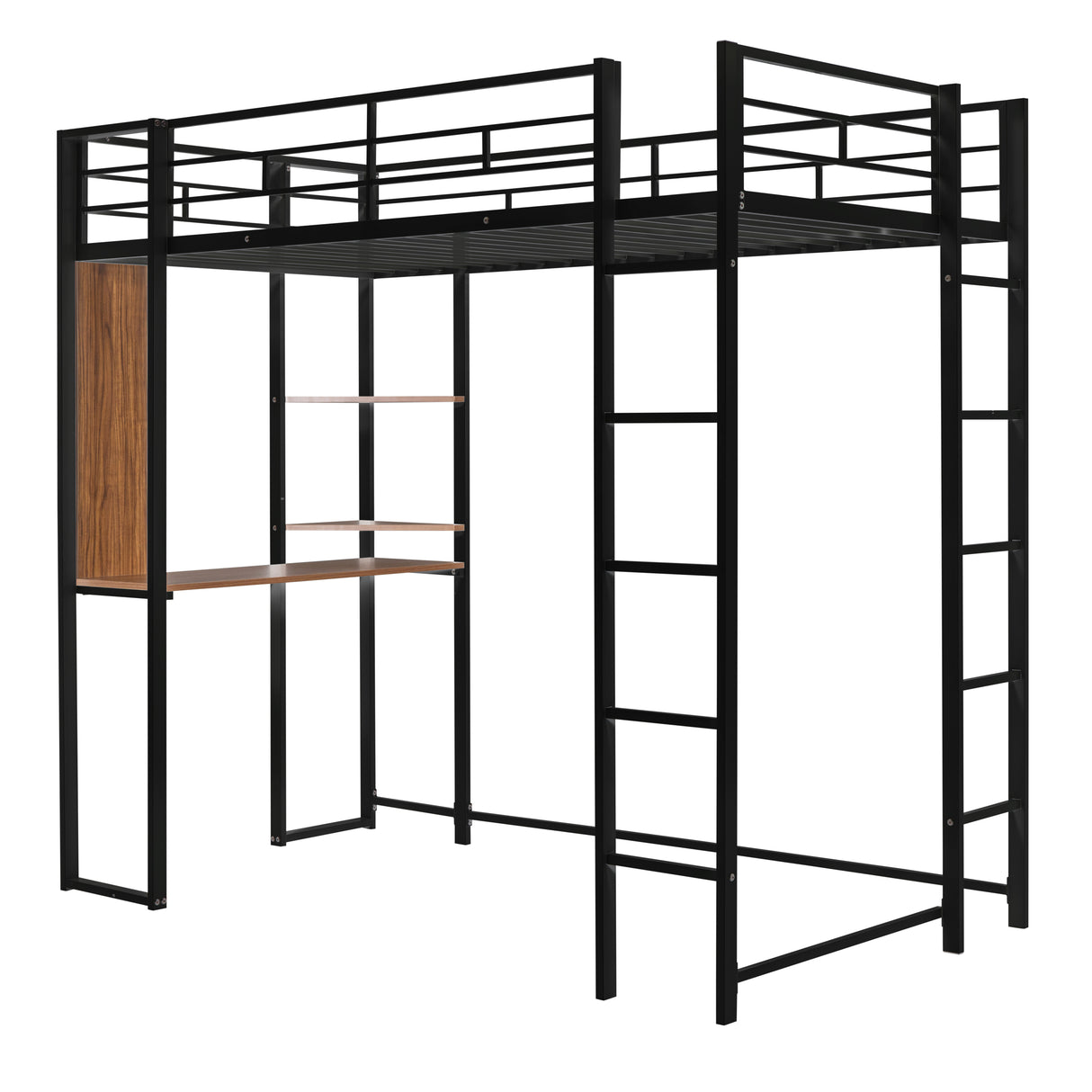 Twin Metal Loft Bed with 2 Shelves and one Desk ,BLACK(Old SKU: MF281206AAB)