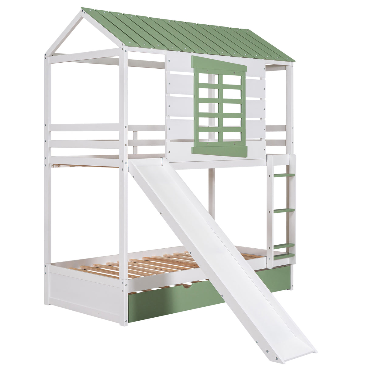 Twin over Twin Size House Bunk Bed with Convertible Slide and Trundle, White+Green - Home Elegance USA