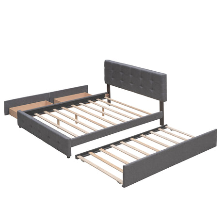 Upholstered Platform Bed with 2 Drawers and 1 Twin XL Trundle,  Linen Fabric, Queen Size - Dark Gray(OLD SKU :LP000314AAE) - Home Elegance USA