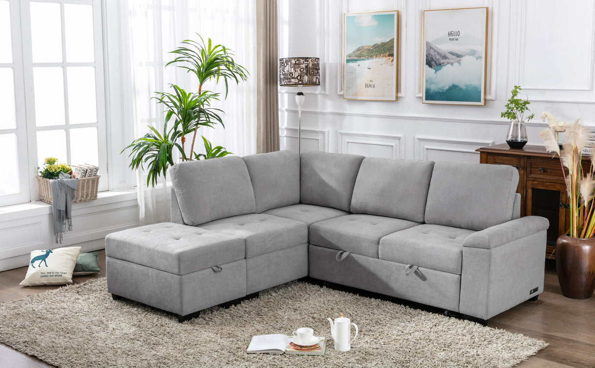 Sleeper Sectional Sofa, L-Shape Corner Couch Sofa-Bed with Storage Ottoman & Hidden Arm Storage & USB Charge  for Living Room Apartment, Gray - Home Elegance USA