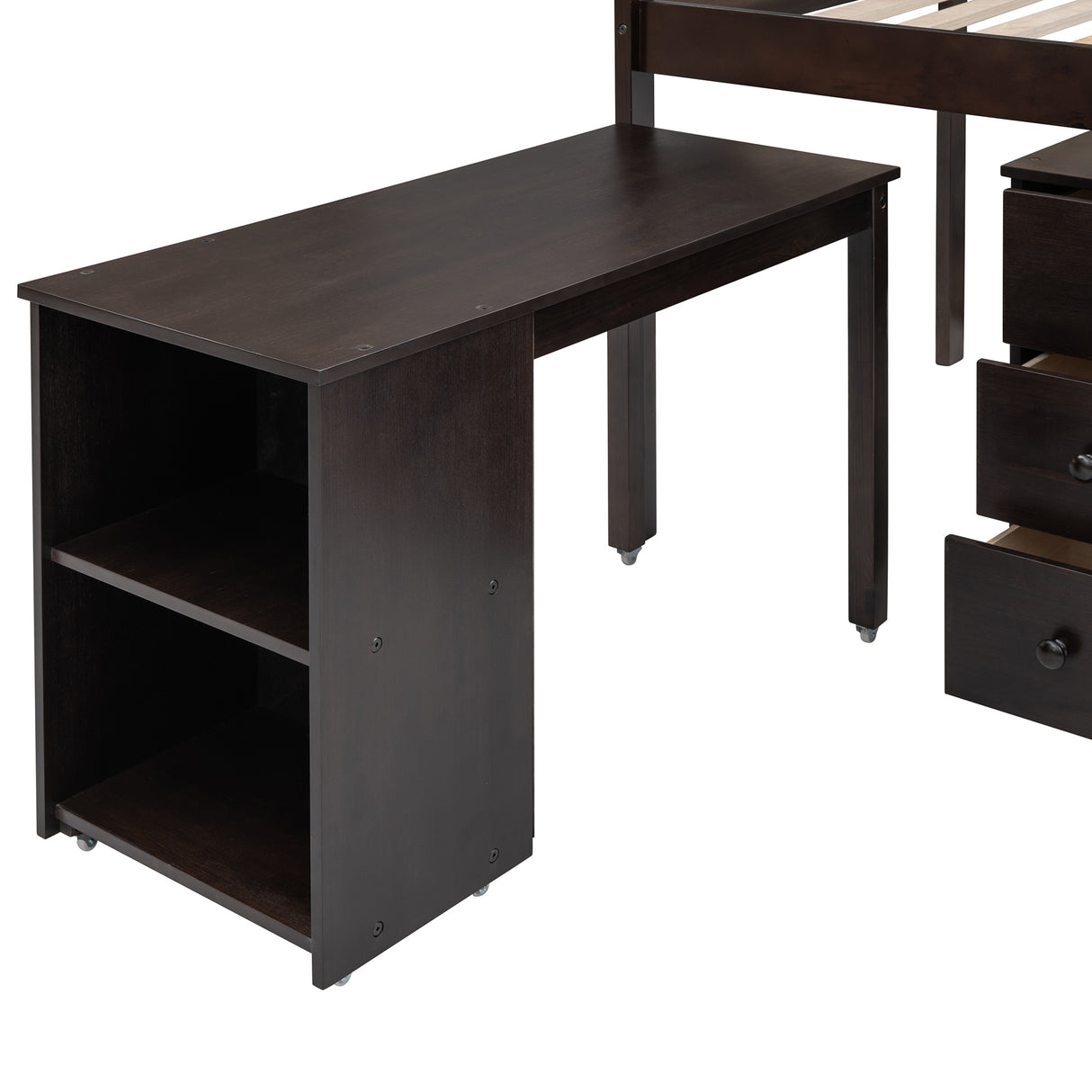 Low Study Twin Loft Bed with Cabinet and Rolling Portable Desk - Espresso (OLD SKU :LP000113AAP)