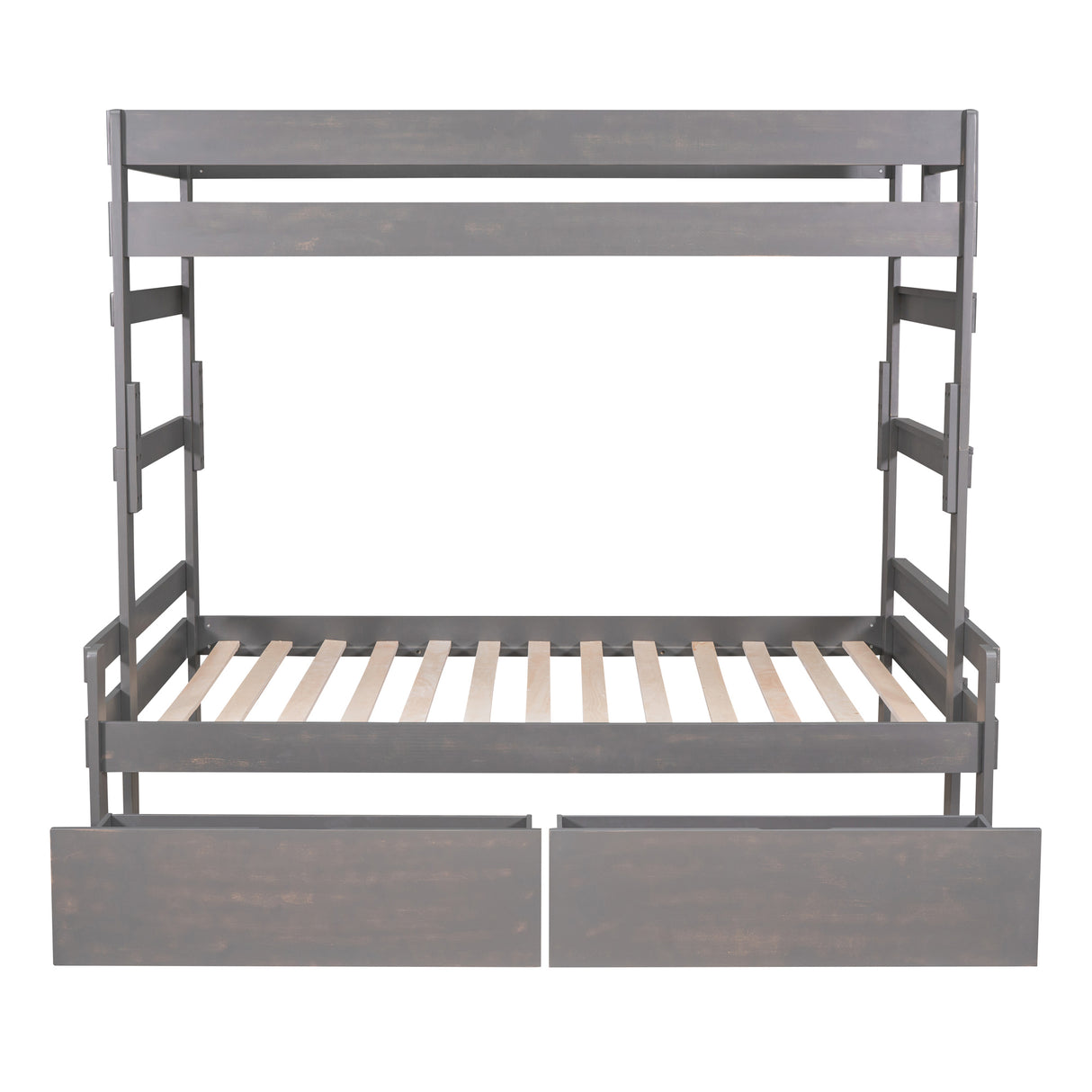 Twin over Full Wood Bunk Bed with 2 Drawers, Gray - Home Elegance USA