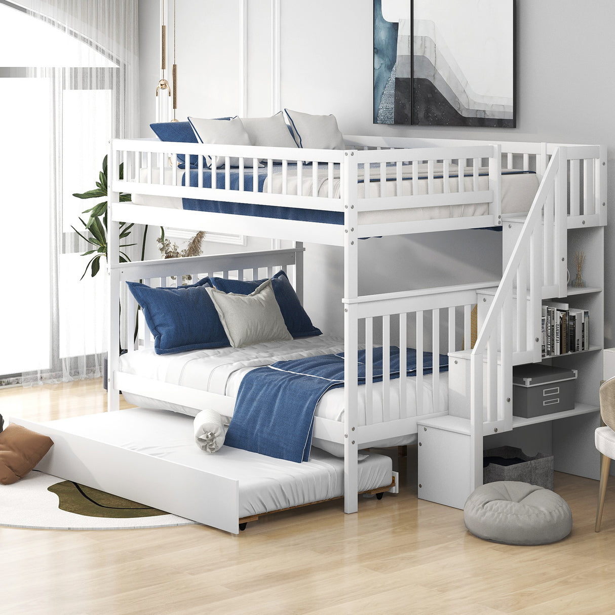 Full over Full Bunk Bed with Trundle and Staircase,White - Home Elegance USA
