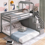 Twin over Full House Roof Bunk Bed with Staircase and Shelves, Gray - Home Elegance USA