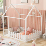 （Slats are not included) Full Size Wood Bed House Bed Frame with Fence, for Kids, Teens, Girls, Boys (White )(OLD SKU:WF281294AAK)