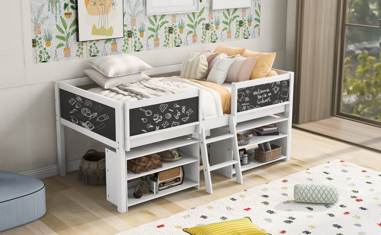 Twin Size Low Loft Bed with Two Movable Shelves and Ladder,with Decorative Guardrail Chalkboard,White - Home Elegance USA