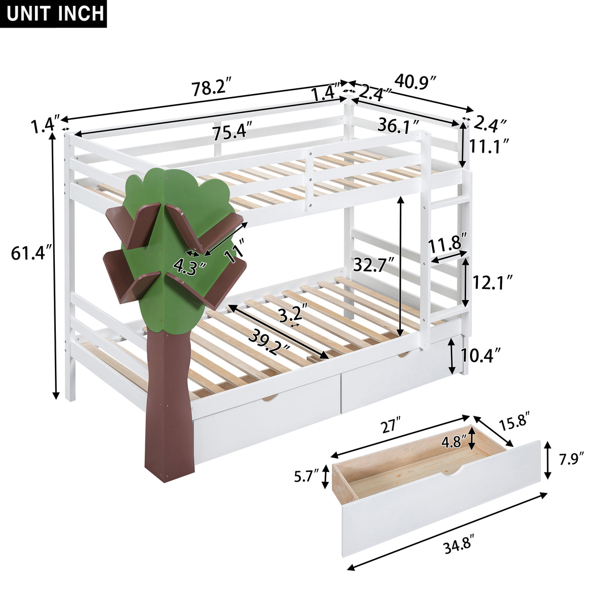 Twin-Over-Twin Bunk Bed with  a Tree Decor and Two Storage Drawers, White - Home Elegance USA