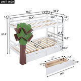 Twin-Over-Twin Bunk Bed with  a Tree Decor and Two Storage Drawers, White - Home Elegance USA