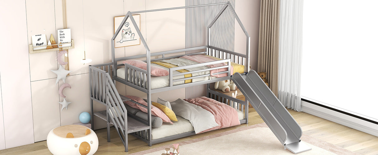 Twin over Twin Metal Bunk Bed House Bed with Slide and Staircase, Silver - Home Elegance USA