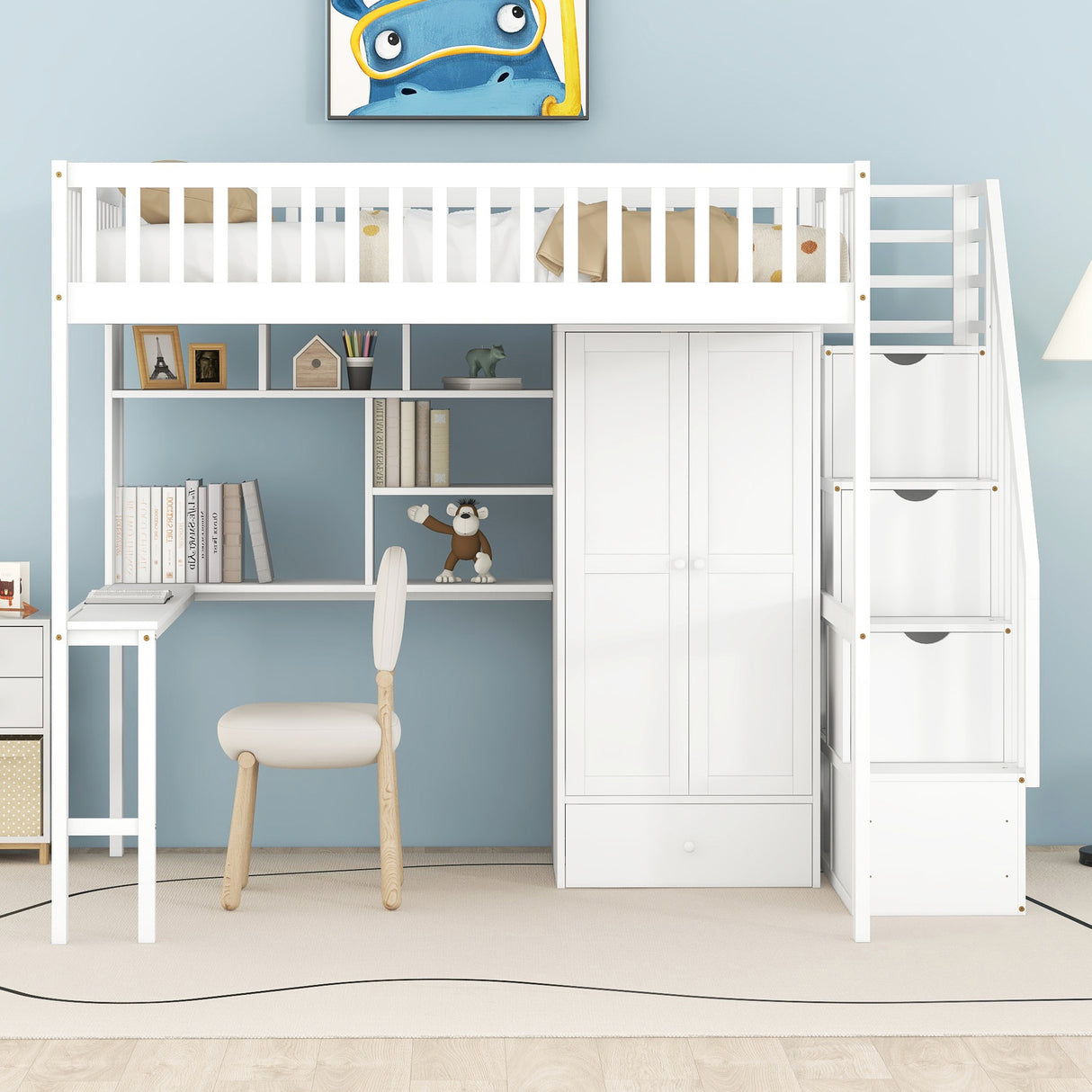 Full size Loft Bed with Bookshelf,Drawers,Desk,and Wardrobe-White - Home Elegance USA