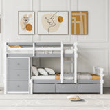Twin over Twin Loft Bunk Bed with Drawers and Ladder, Gray - Home Elegance USA