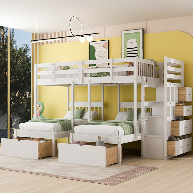 Full Over Twin & Twin Bunk Bed, Wood Triple Bunk Bed with Drawers and Guardrails (White) Home Elegance USA