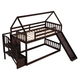 Twin over Twin House Bunk Bed with Slide and Storage Staircase,Espresso - Home Elegance USA