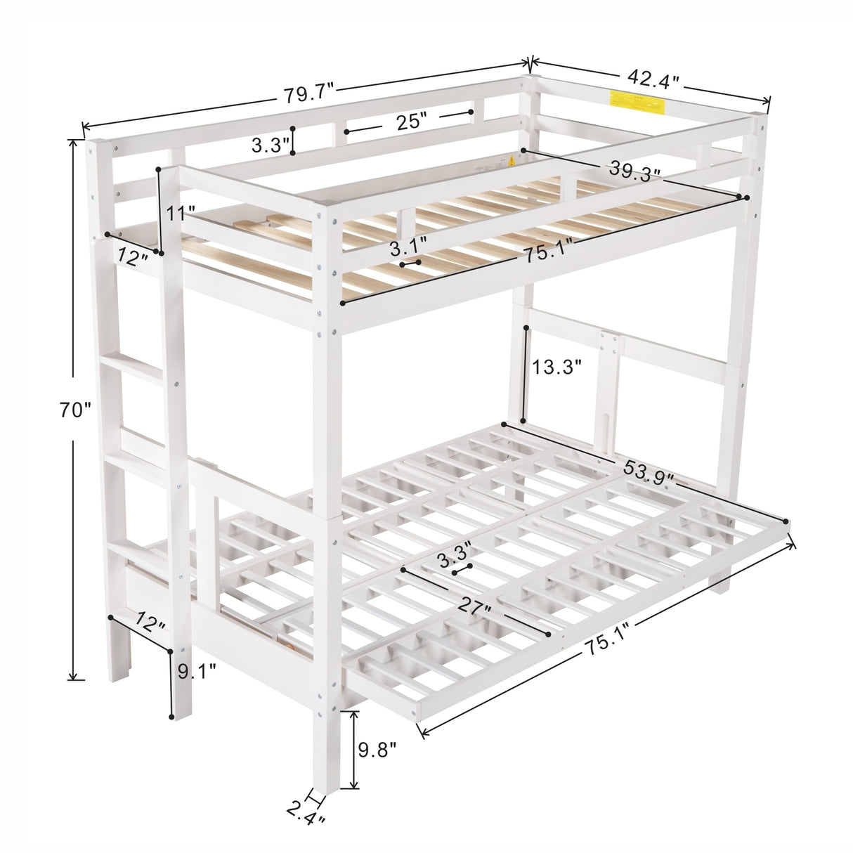 Twin over Full Bunk Bed,Down Bed can be Converted into Daybed,White - Home Elegance USA