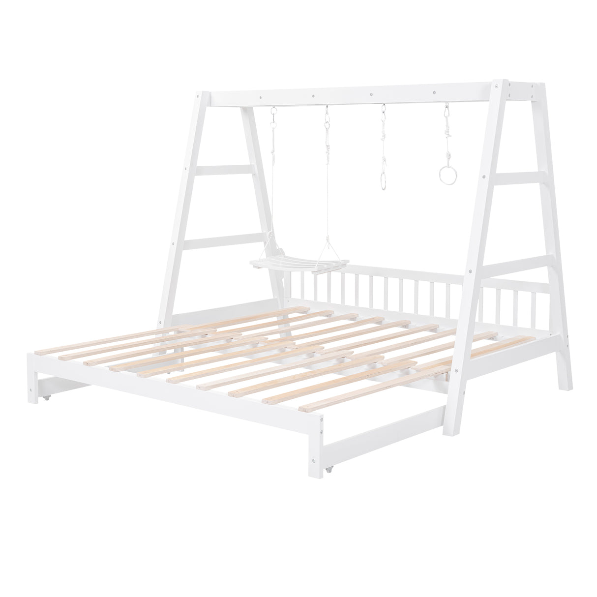 Extendable Twin Daybed with Swing and Handles, Wooden Platform Bed Frame  with Pull Out Bed for Toddlers Kids, Twin Size Daybed with Wood Slat  Support for Kids Bedroom, White 
