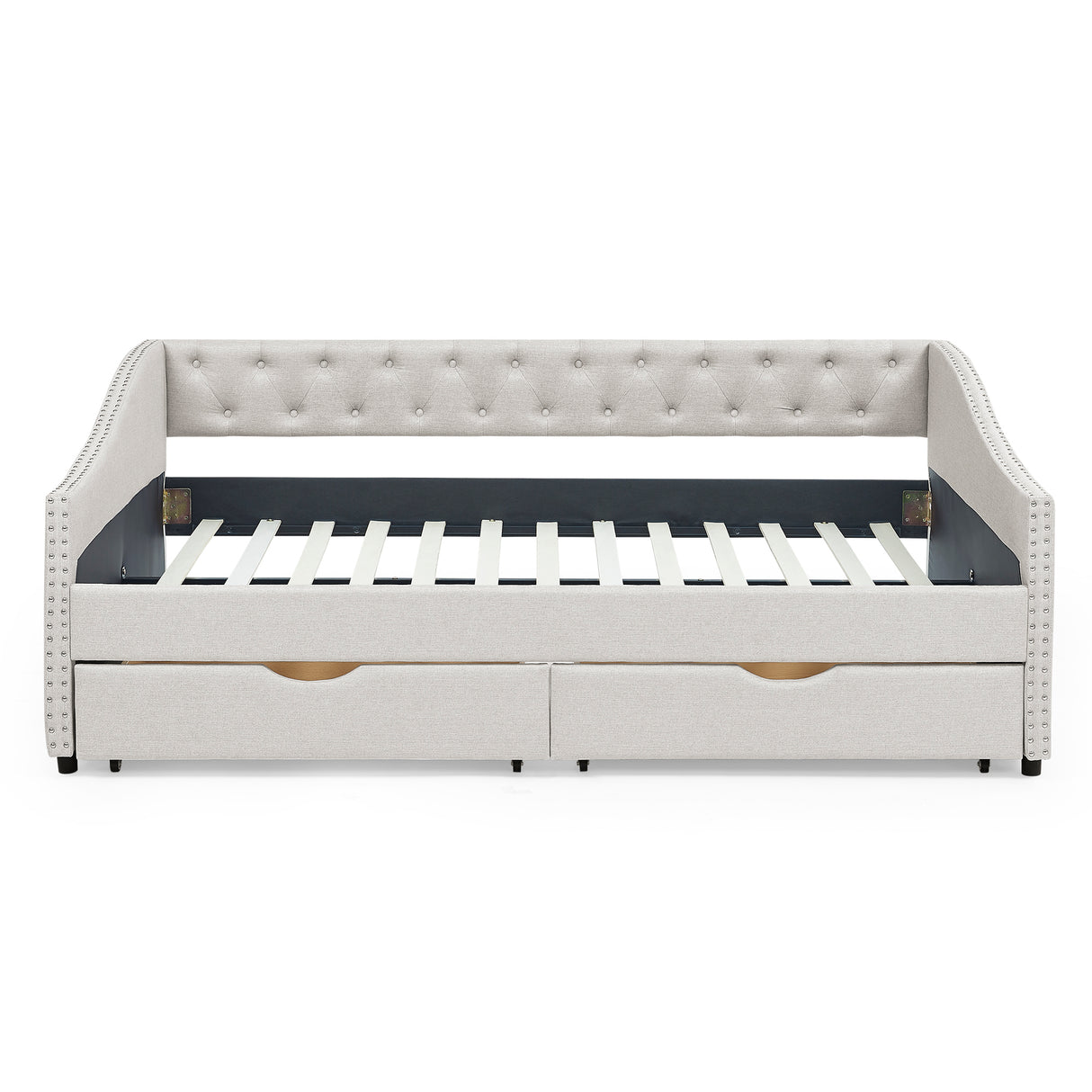 Full Size Daybed with Drawers Upholstered Tufted Sofa Bed, with Button on Back and Copper Nail on Waved Shape Arms，Beige（80.5“x55.5”x27.5“）