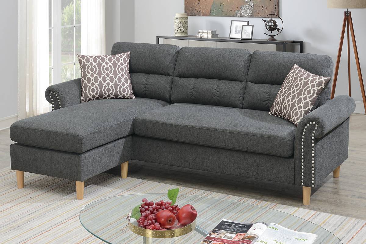 Slate Color Polyfiber Reversible Sectional Sofa Set Chaise Pillows Plush Cushion Couch Nailheads - Home Elegance USA