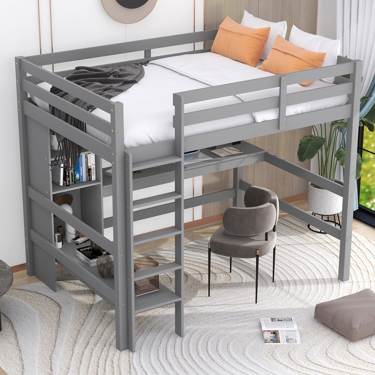 Full Size Loft Bed with Multifunction Shelves and Under-bed Desk, Gray - Home Elegance USA