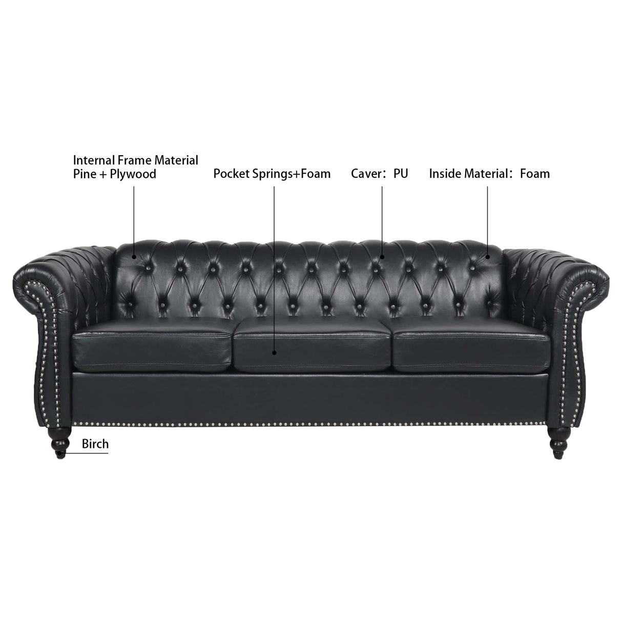 84.65" BLACK PU Rolled Arm Chesterfield Three Seater Sofa. - W68035340 - image - 8