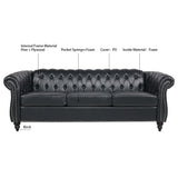 84.65" BLACK PU Rolled Arm Chesterfield Three Seater Sofa. | Home Elegance USA