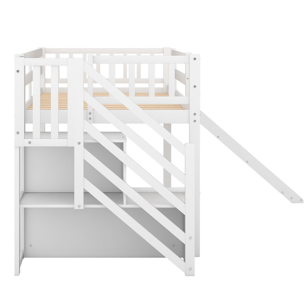 Twin Size Low Loft Bed with Adjustable Slide and Staircase, White - Home Elegance USA