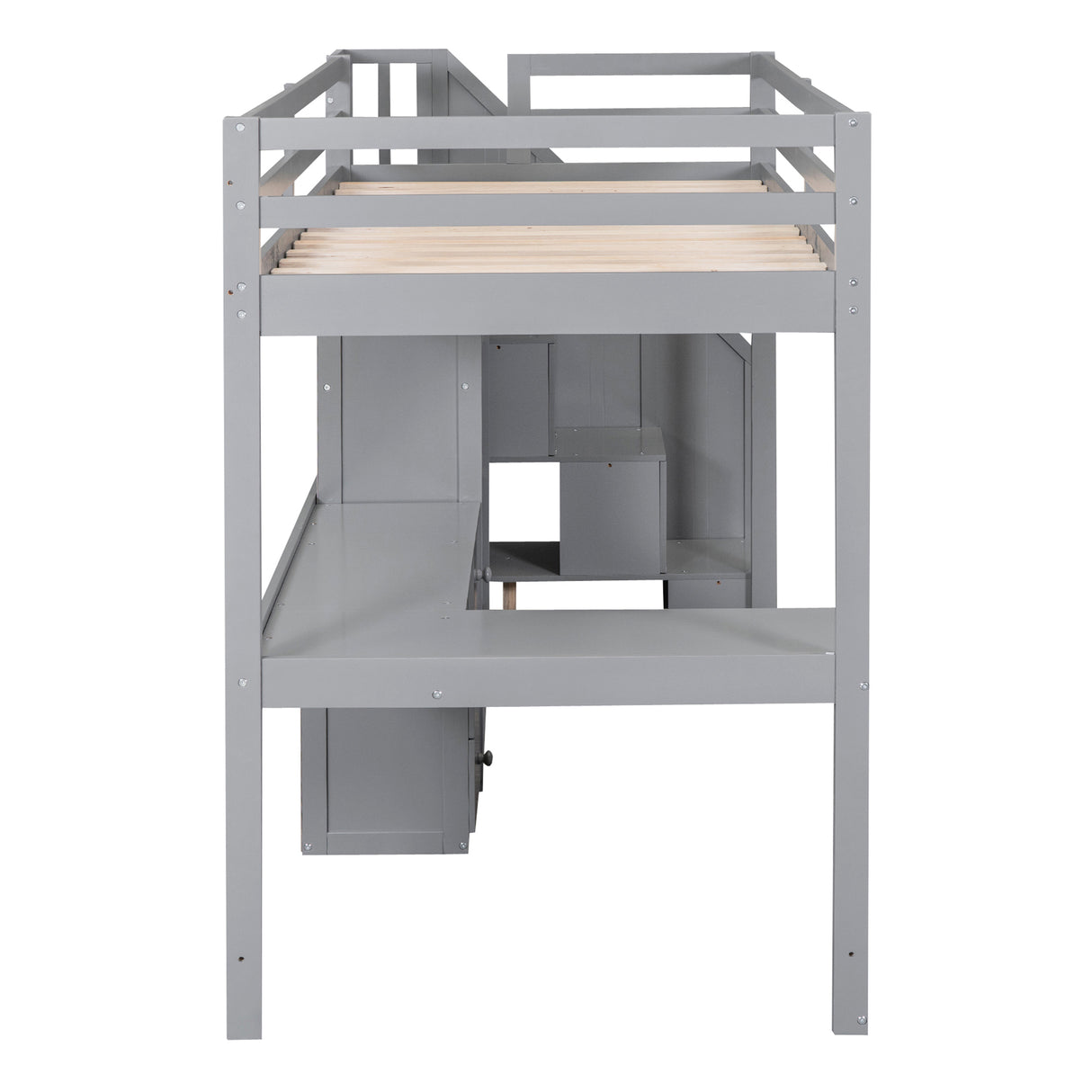 Twin Size Loft Bed with L-Shaped Desk and Drawers, Cabinet and Storage Staircase, Gray - Home Elegance USA