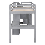 Twin Size Loft Bed with L-Shaped Desk and Drawers, Cabinet and Storage Staircase, Gray - Home Elegance USA