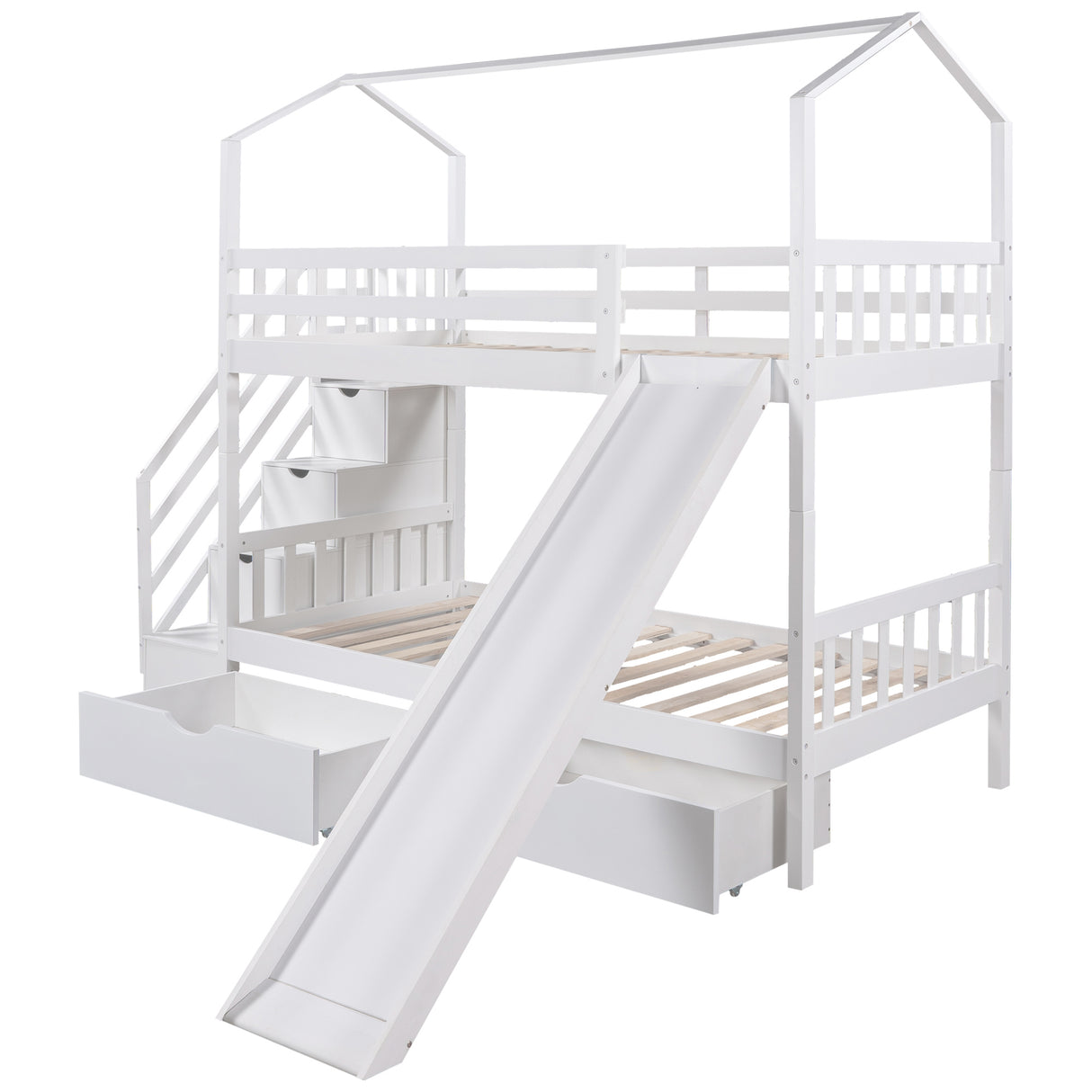 Twin over Twin House Bunk Bed with Two Drawers and Slide,Storage Staircase,White(OLD SKU:GX000906AAK) - Home Elegance USA