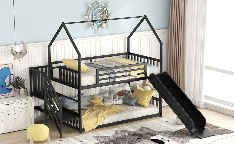 Twin Size Metal Bunk Bed House Bed with Slide and Staircase, Black