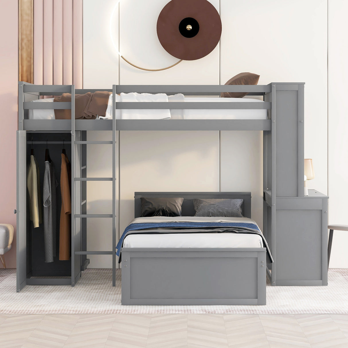 Twin size Loft Bed with a Stand-alone bed, Shelves,Desk,and Wardrobe-Gray - Home Elegance USA