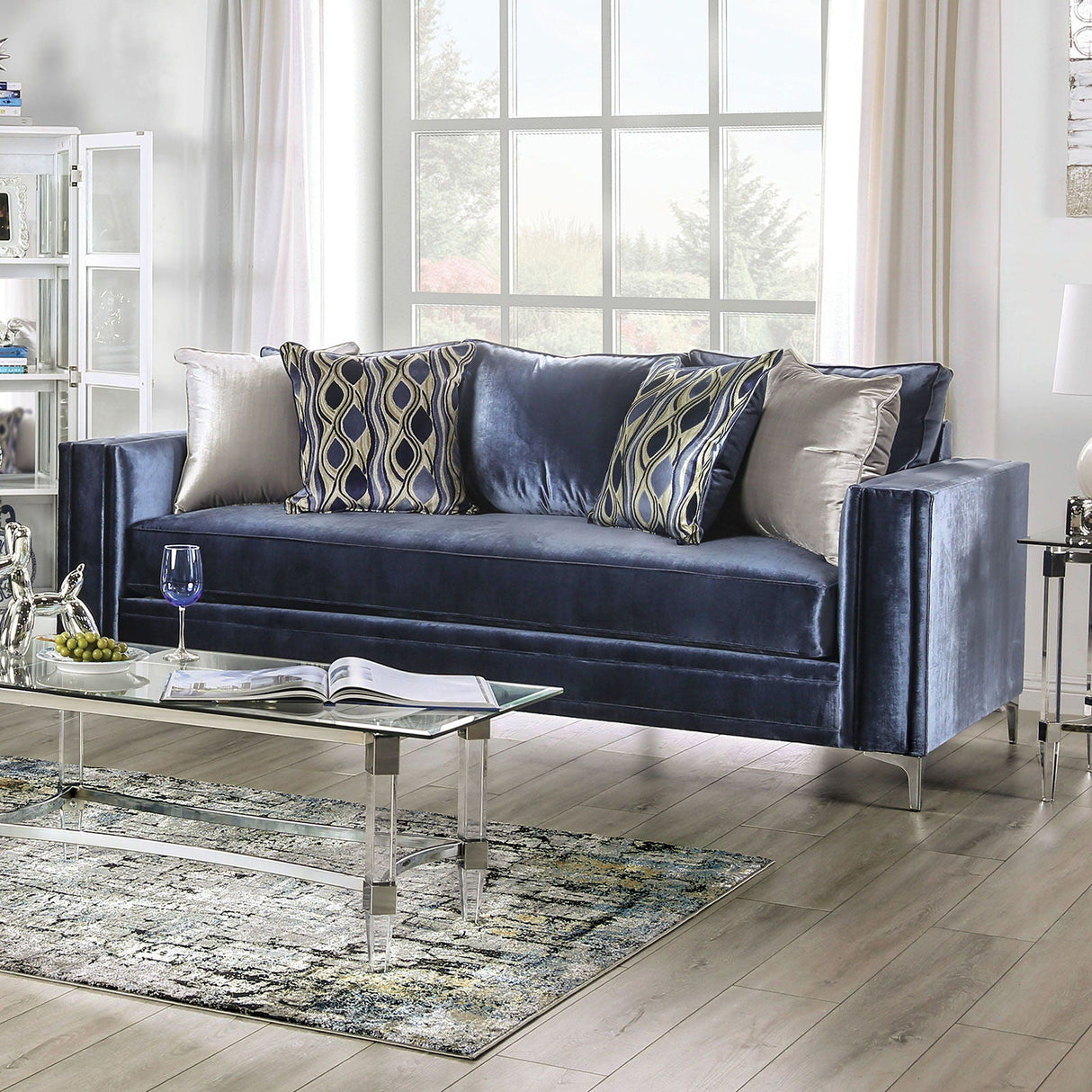 Jodie - Sofa & Loveseat - Satin Blue / Silver - Home Elegance USA